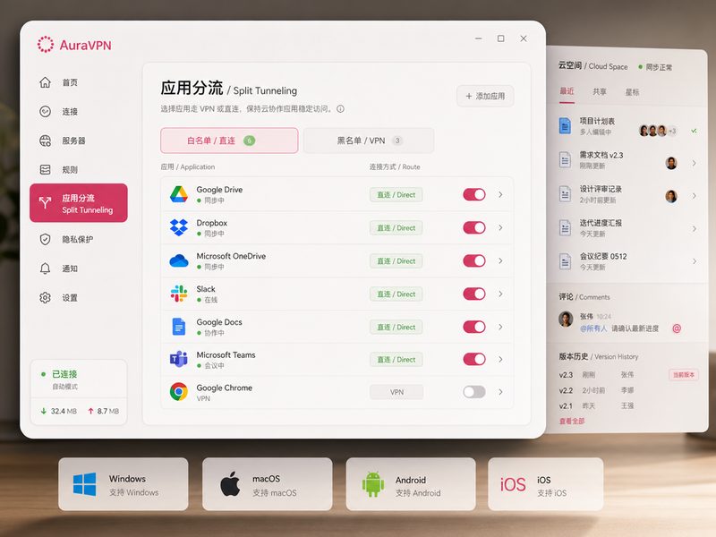 AuraVPN 智能应用分流展示